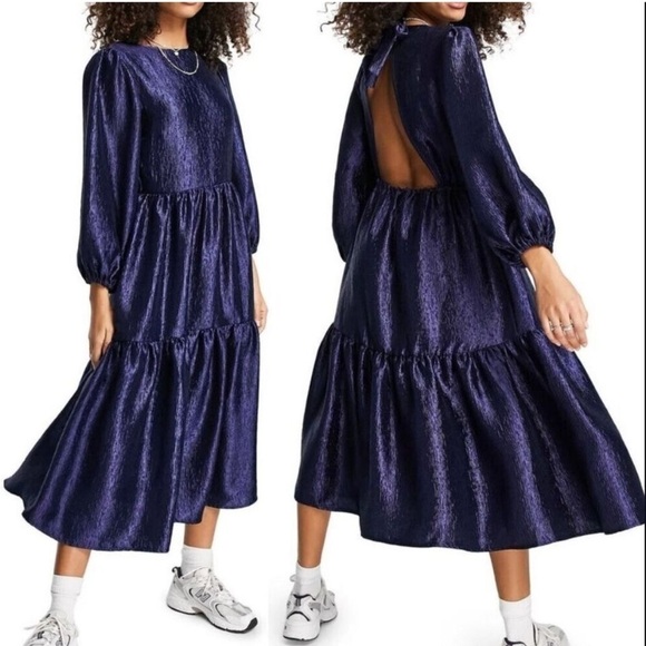 TOPSHOP Premium Textured tiered open back Midi Dress Medium Blue Metallic Size 6 - Picture 1 of 10